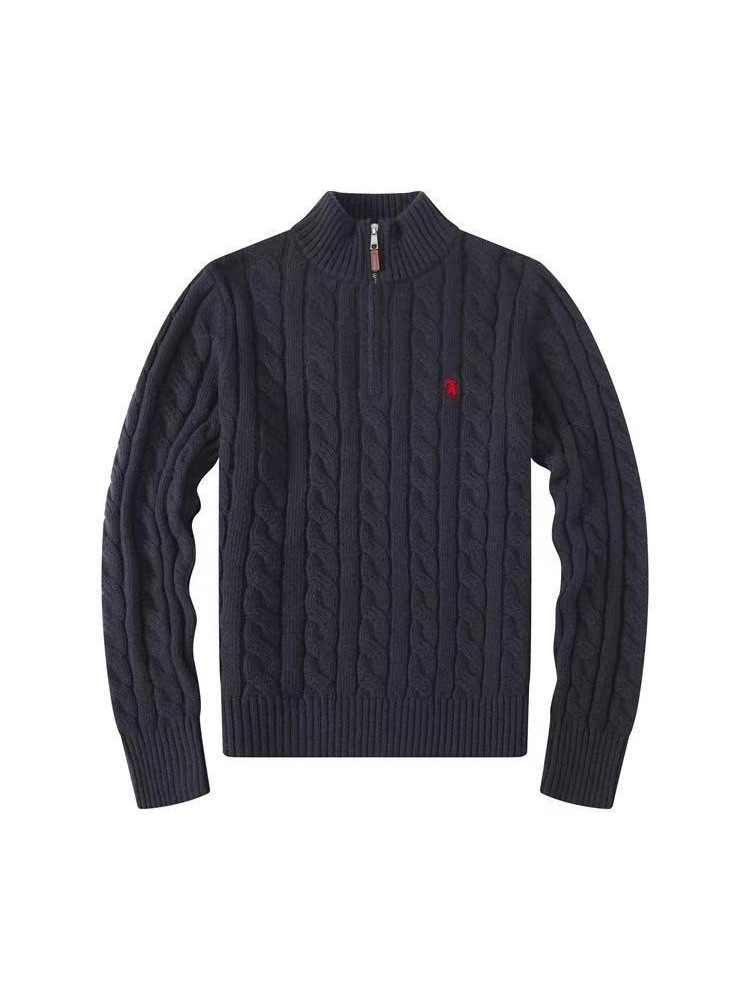 Cross-Border Autumn and Winter Stand-Up Collar Wool Sweater Rl Sweater Half-Zip Twisted Knit Sweater Embroidered Pony Logo Thickened Clothing