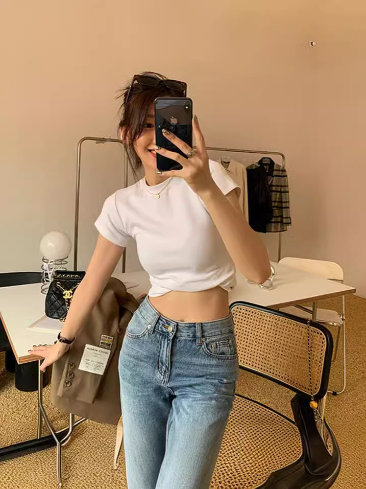 Cross-border bottoming slim-fit short-sleeved T-shirt for women Korean style new foreign trade ins slimming short fashion top for women Fashion Wholesale