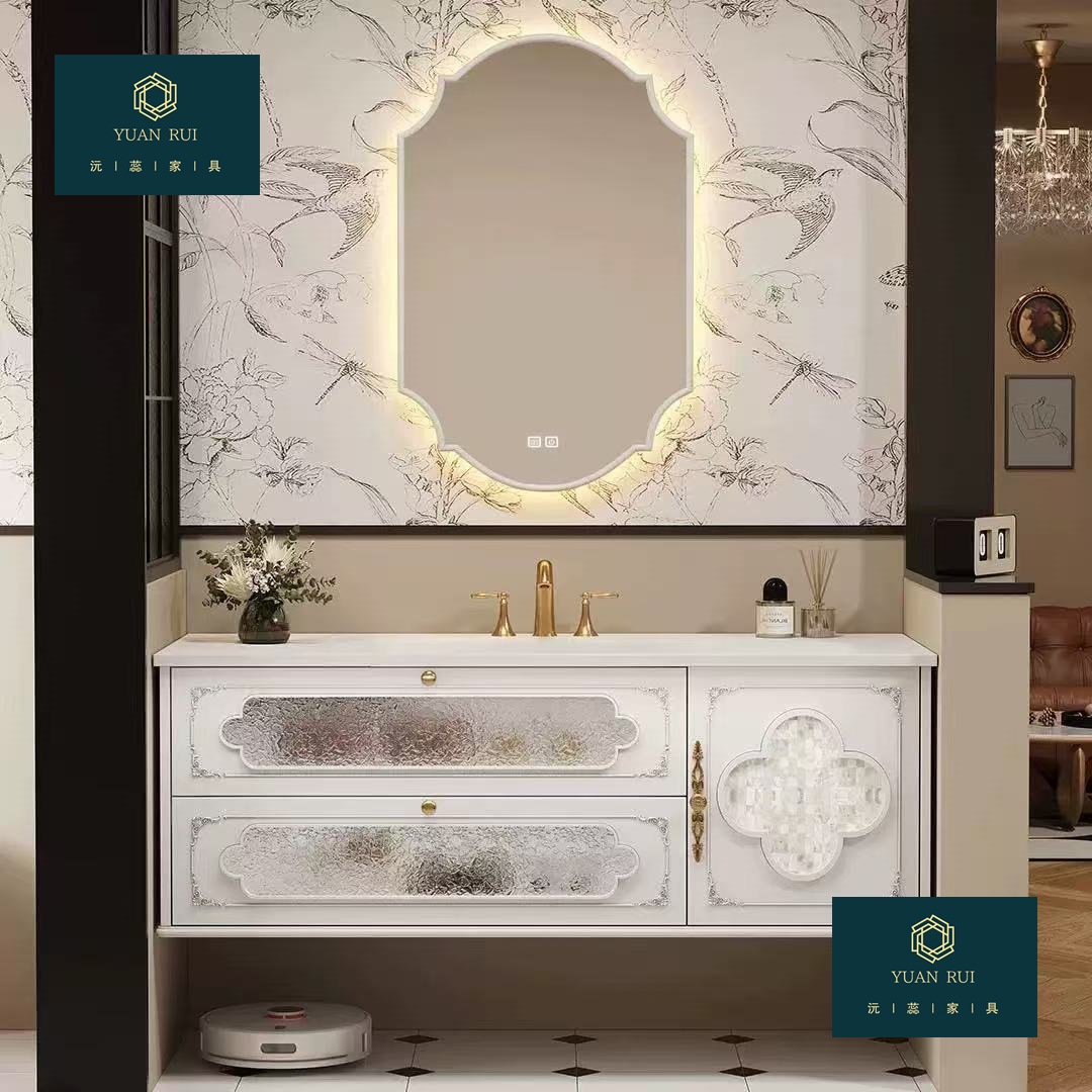 French-Style Rubber Wood New Vintage Bathroom Cabinet Set with Integrated Ceramic Washbasin