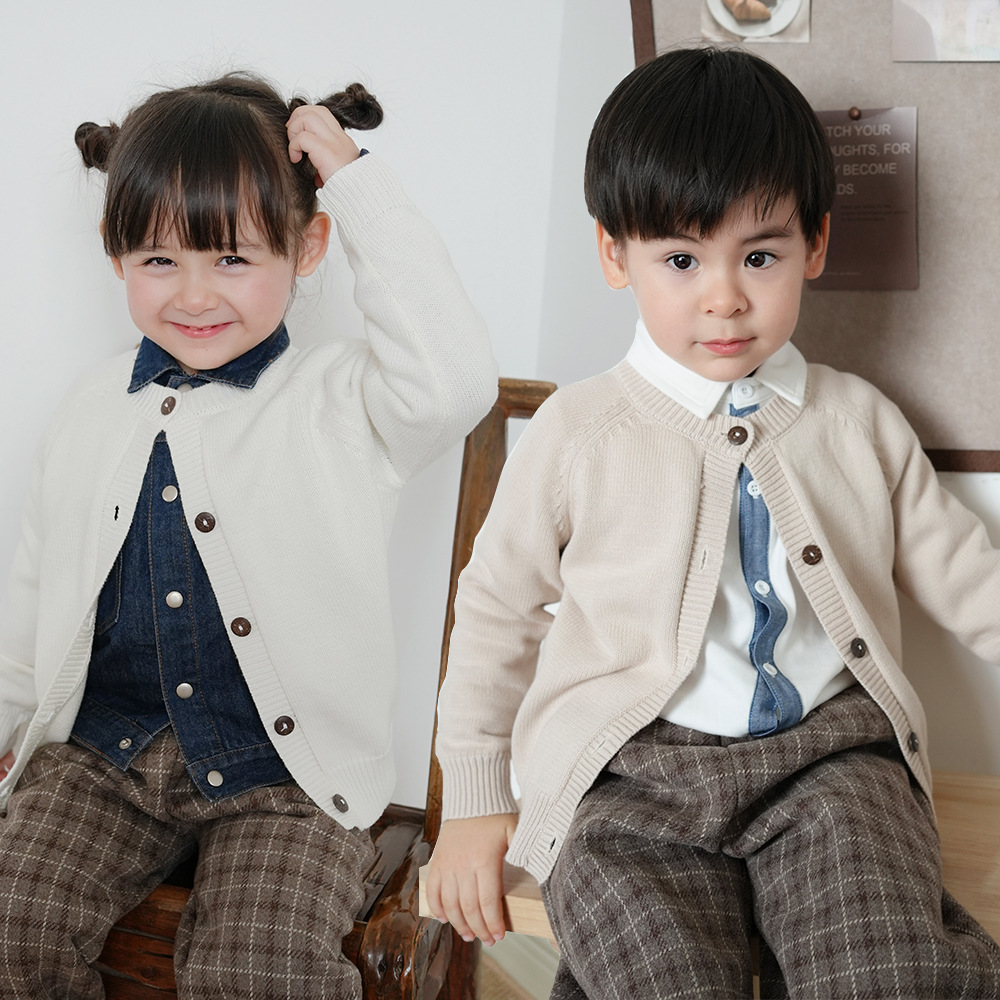 2025 Spring and Autumn Children's Wear Round Neck Solid Color Children's Knitted Cardigan All-match Cotton Throat Sweater Long Sleeve Jacket for Boys and Girls