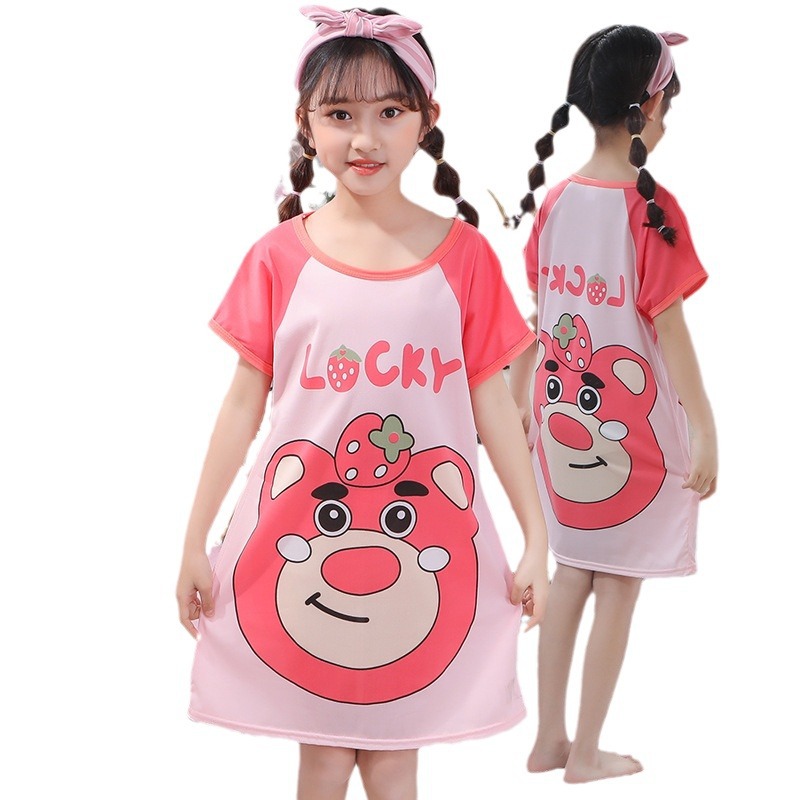 Children's nightdress girls' pajamas summer short-sleeved baby thin Korean style little girl cartoon middle and big children's home wear summer