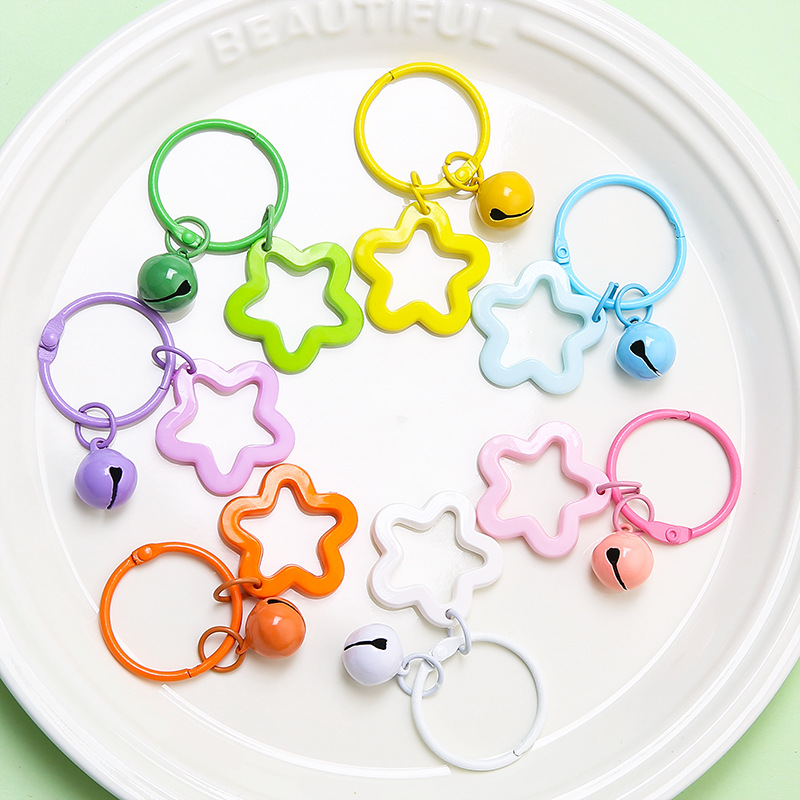 Ready-Made Colorful Five-Pointed Star Keychain Pendant DIY Bell Accessory Key Ring Cute Women's Bag Decoration