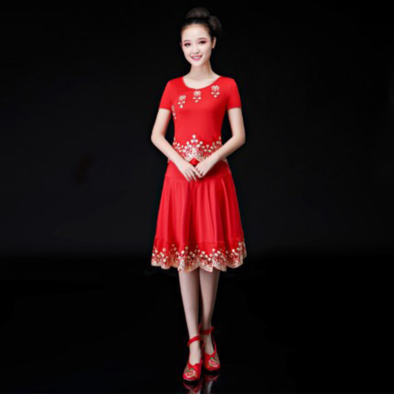 Эластичная ткань красные пайетки классический костюм для танцев Янко квадратного танца для пожилых людей спортивная одежда для соревнований