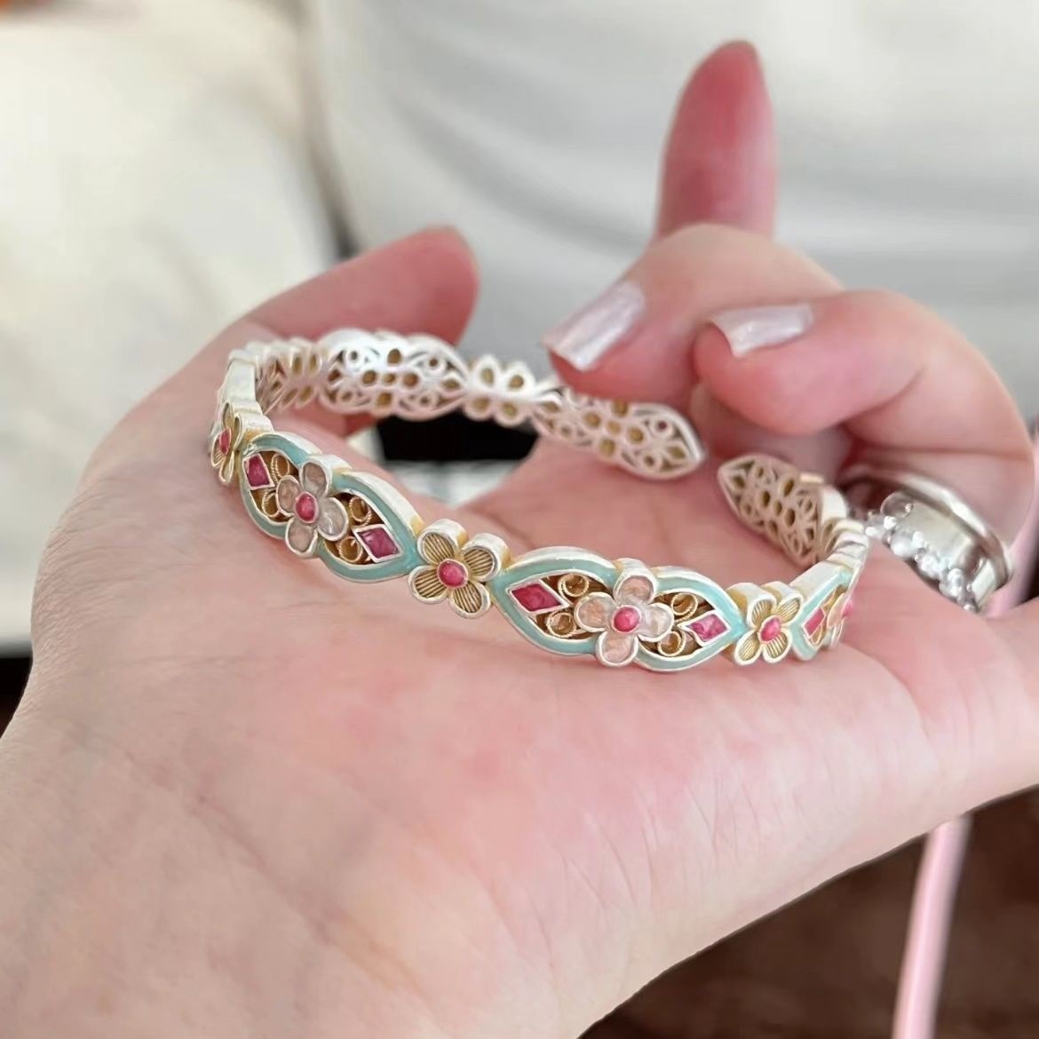 Sterling Silver Bracelet for Women 999 Pure Silver Enamel Bracelet Chinese Style Palace Retro Girlfriend Wife Gift Other
