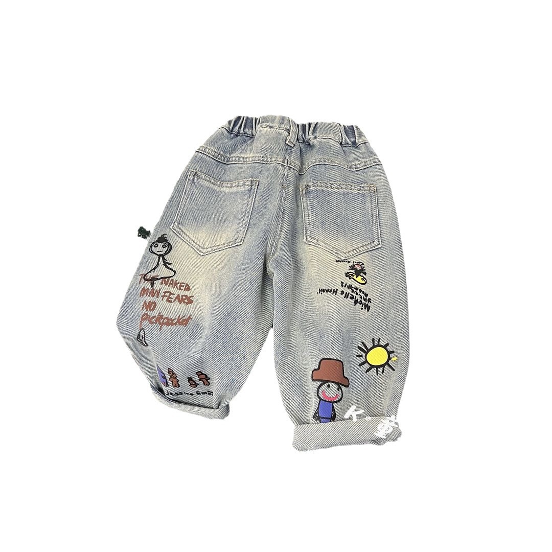 25 Children's Trendy Fashion Jeans Spring and Autumn Pants New Children's Spring Pants Loose Children's Graffiti Pants