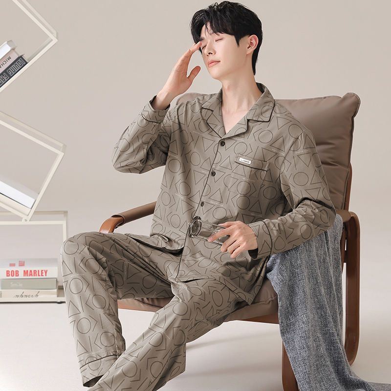 100% Cotton Pajamas for Men Spring and Autum Long-Sleeved Large Size 2025 New Home Clothes Autum and Winter Styles Can Be Worn Outside and Given to Dad