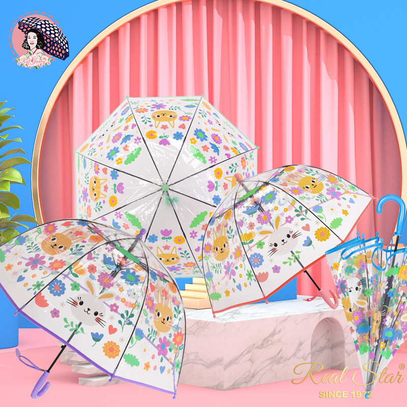 【New Product】Children's Transparent Umbrella Cute Cat Rabbit Colorful Umbrella Cartoon Flowers Full Print Umbrella Ready Stock