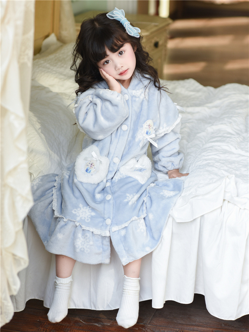 Elsa Autumn and Winter Girls' Flannel Coral Fleece Loungewear Pajama Set Robe Elsa Dress Princess Cute Style