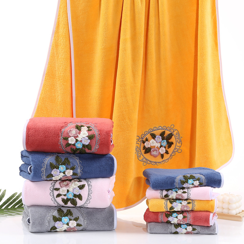 Wholesale Coral Velvet Embroidered Floral Bath Towel Towel Set Cross-Border Hot Sale Spot High-End Edge Multi-Color Towel Set
