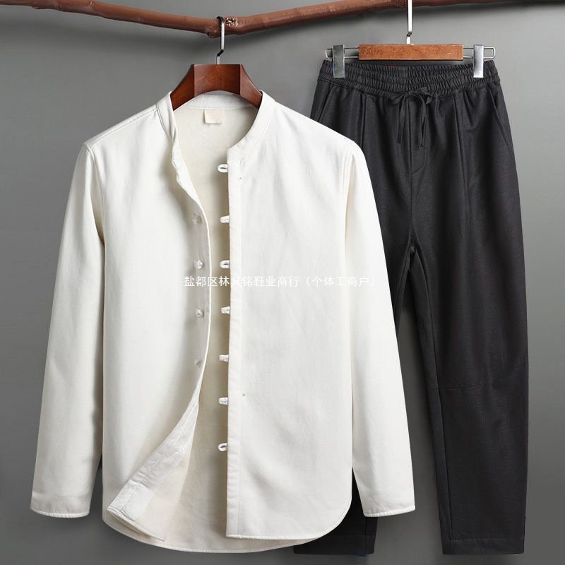Tang Suit Men's Autumn and Winter Velvet Thickeneded Suit Chinese Retro Buttoned Stand-Up Collar Long-Sleeved Cotton and Linen Bottoming Shirt Jacket