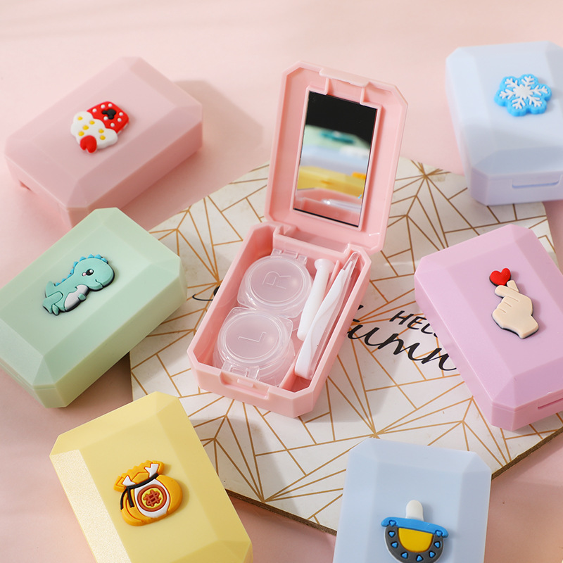 Cartoon contact lens case cute girl small portable eye contact care storage box with mirror glasses couple box