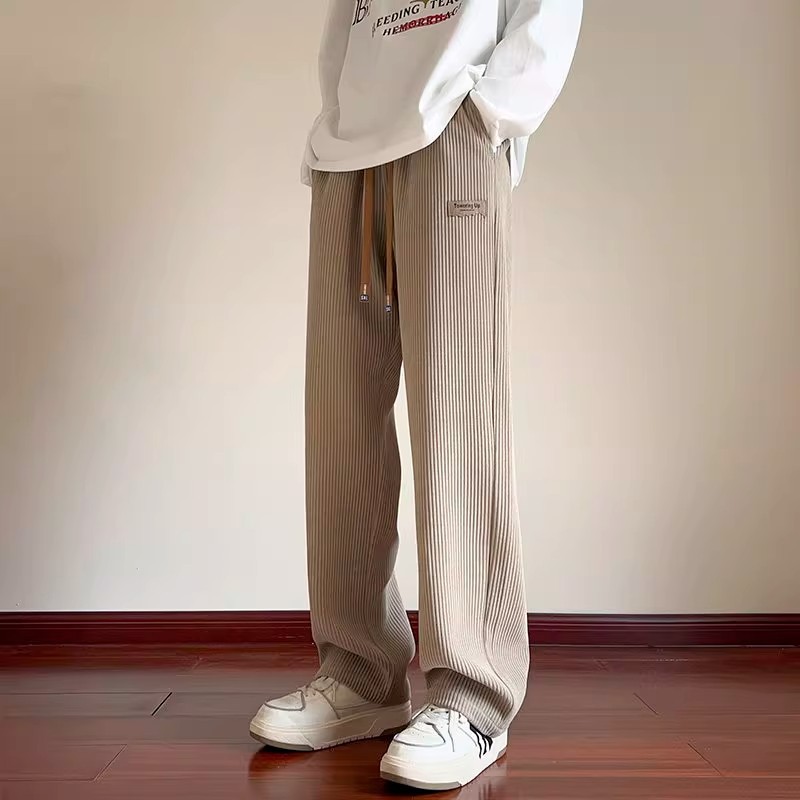Off-White Corduroy Pants for Men, Autumn and Winter Fleece-Lined, Northeast Cold-Resistant Sweatpants, Straight-Leg Drape Chenille Wide-Leg Pants