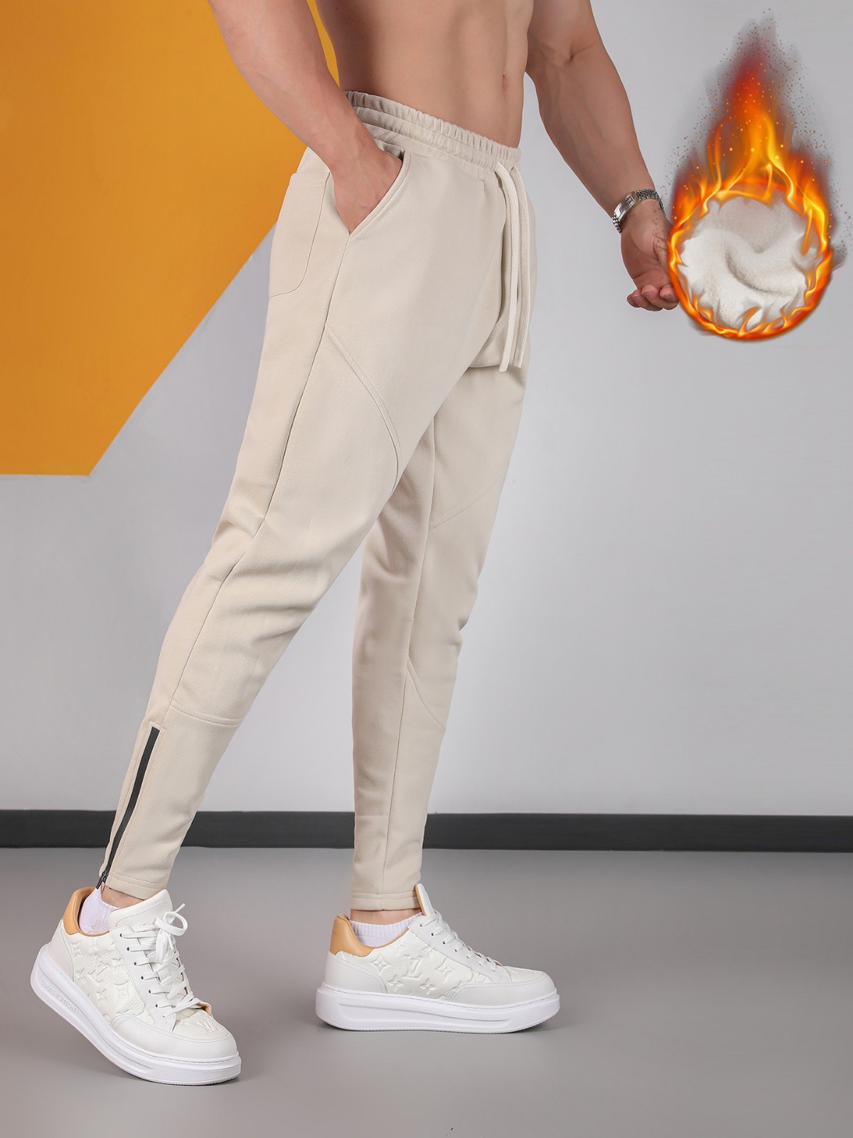 Winter men's stitching outdoor casual fleece-lined sweatpants warm light mature fashion wear sports daily zipper New 2024