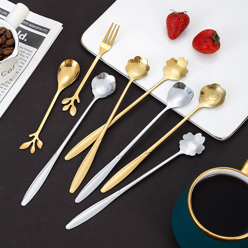 Stainless Steel Coffee Spoon Wholesale Golden Dessert Spoon High-Value Cherry Blossom Spoon Creative Flower Spoon Mixing Spoon Gift