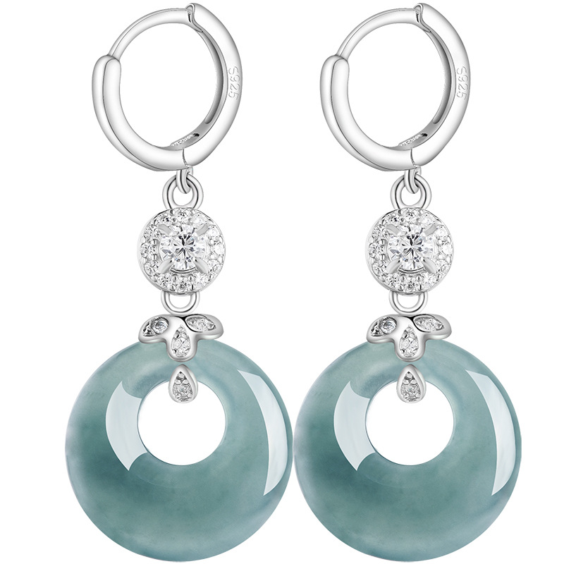 S925 Silver Inlaid Natural A Goods Jade Ring Blue Water Earrings Ice Jade Fashion Women's Earrings Earrings Earrings Ins