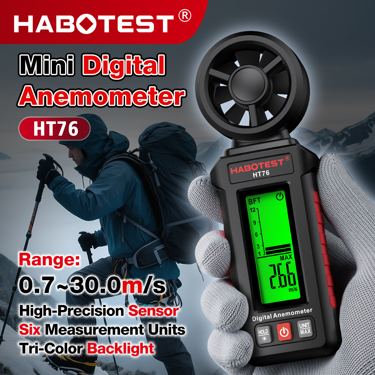 Habotest Factory Store Ht76 Mini Anemometer Handheld Portable Wind Speed Meter Wind Volume Instrument