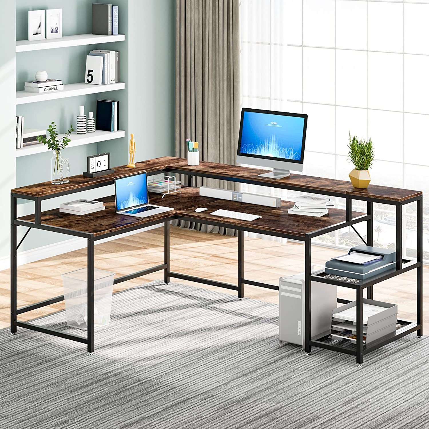 Cross-Border dedicated corner L-shaped computer desk steel-wood structure with monitor stand desk large desktop study desk