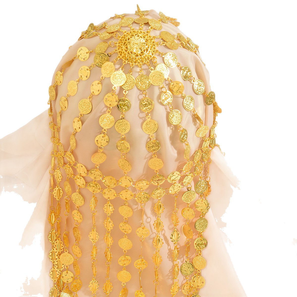 A Middle Eastern Hot-Selling Long Coin Tassel Hair Chain, Retro Palace Style, Exaggerated Multi-Layered Golden Headwear, Exotic Style