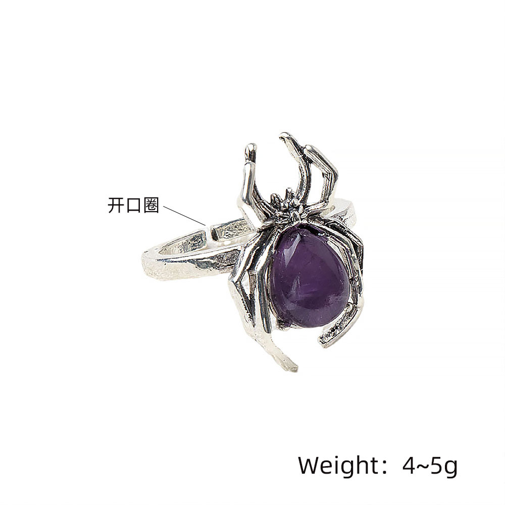 Natural Crystal Agate Stone Inlaid Gemstone Punk Spider Ring Halloween Accessories Cross Border New Product