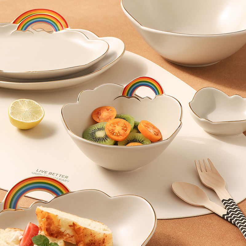 Rainbow Bowl Cloud Creative Breakfast Plate Fruit Salad Bowl Special-Shaped Plate Tableware Accessible Luxury Exquisite Dish Chopsticks Soup Bowl Set