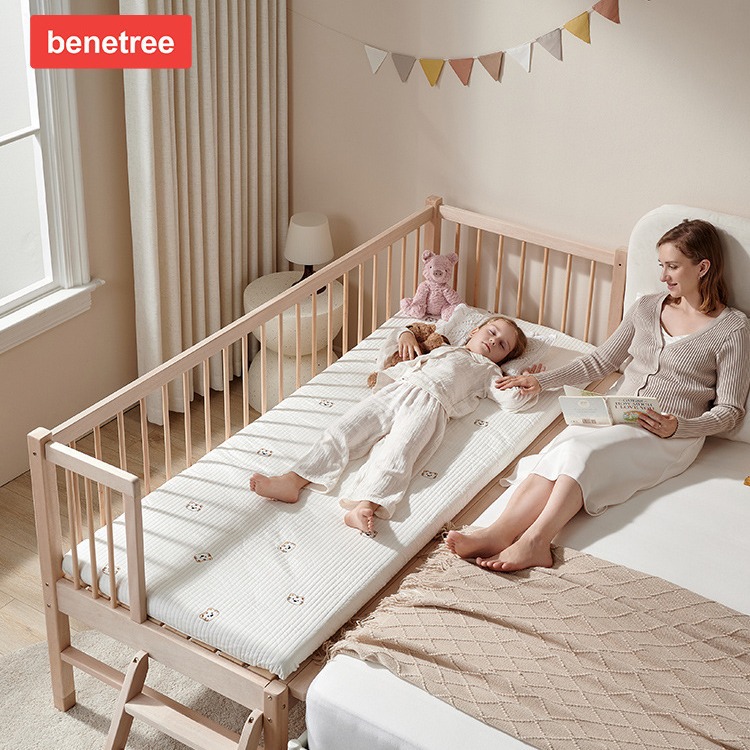 All Solid Wood Spliced Bed, Children's Bed, Single Bed, Extra Wide Bed with Guardrails, Baby Crib, Large Bed Safety Guardrails