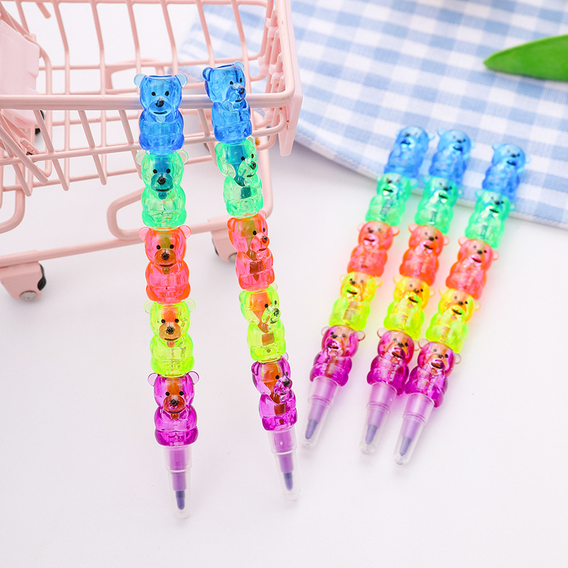 Cartoon Bear 5-Section Building Blocks 5-Color Crayon Pen Plastic Bullet Office Creative Removable Crayon Five-Color Pen