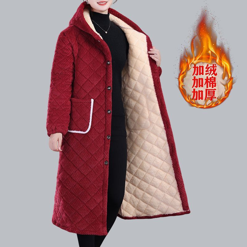 Winter Women's Workwear, Home Wear, Warm Cotton Clothing, Fleece-Lined and Thickeneded Cotton Clothing, Casual Outwears, Extended Knee-Length Smocks