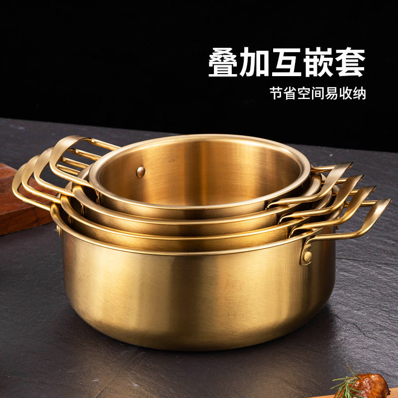 Cross-border Korean-style instant noodle pot stainless steel ramen noodle pot with lid and chopsticks spoon net red golden small hot pot double-ear soup pot