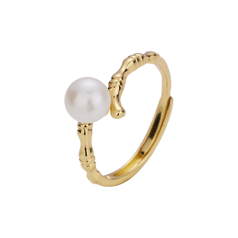 Korean version of simple personality bamboo ring Women's fresh water pearl opening adjustable ring jewelry empty holder finished wholesale