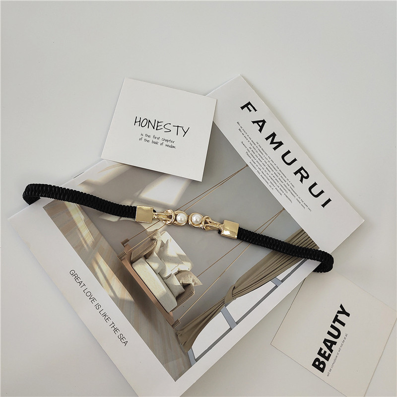 Vintage PU pleated thin belt women's skirt sweater Joker fashion leather elastic elastic waist wholesale