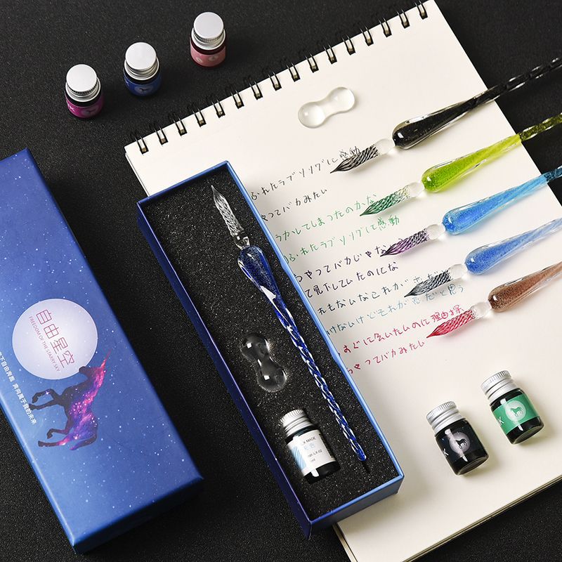 Luminous Crystal Glass Pen Starry Sky Dipped in Water Handmade Dipped Ink Pen Student Calligraphy Birthday Set