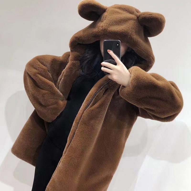 2025 Winter New Style Hooded Loose Cute Bear Ear Thickened Faux Fur Mid-Length Coat for Women