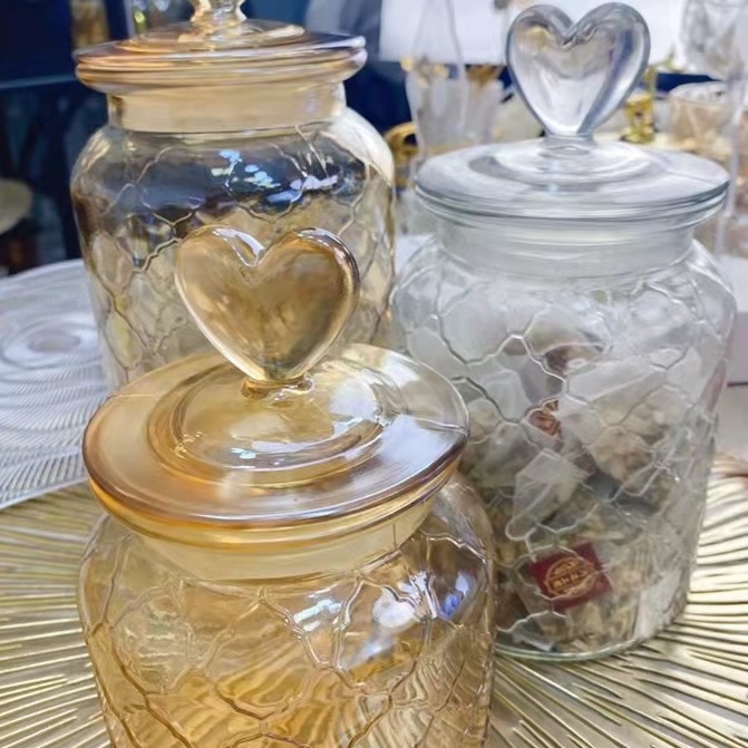Glass Jar Sealed Jar Creative Storage Jar Love Cover Po Color Glass Bottle Kimchi Jar Transparent Glass Tea Jar