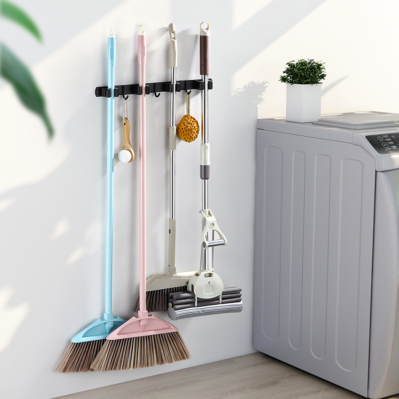 Black Mop Hook No-Drill 304 Stainless Steel Mop Clip Hanger Wall-Mounted Broom Mop Holder Adhesive Hook