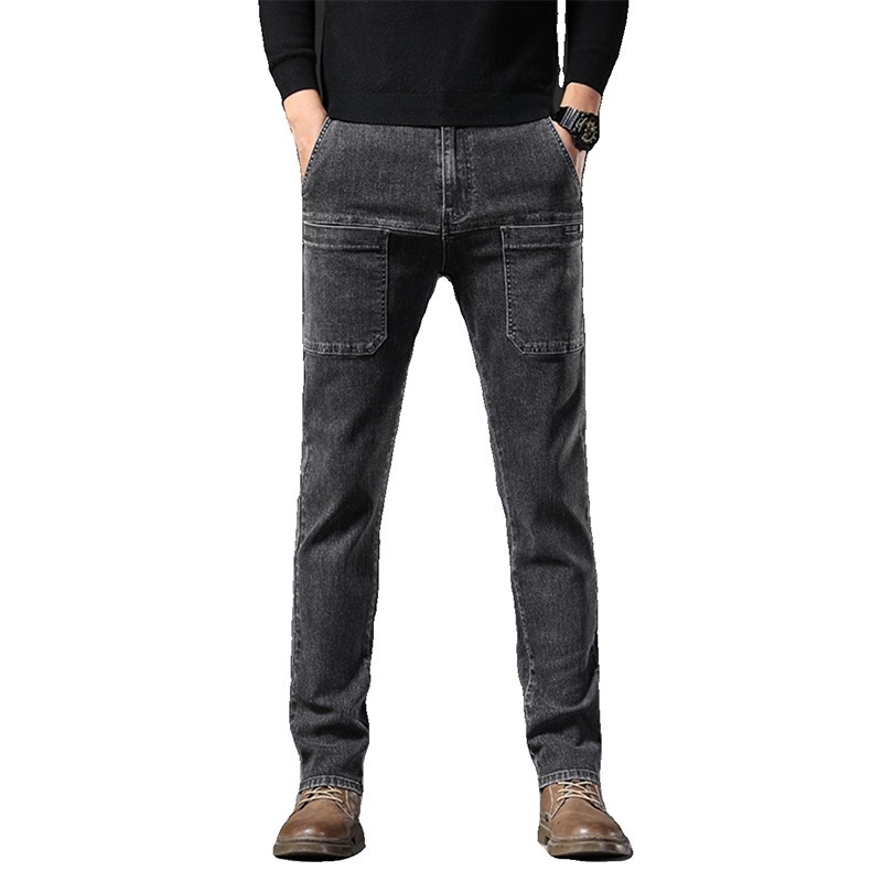 Autumn Thickened fleece-lined Stretch Jeans Men's Loose All-match Casual Straight Six-pocket Overalls Wear-resistant Work Pants