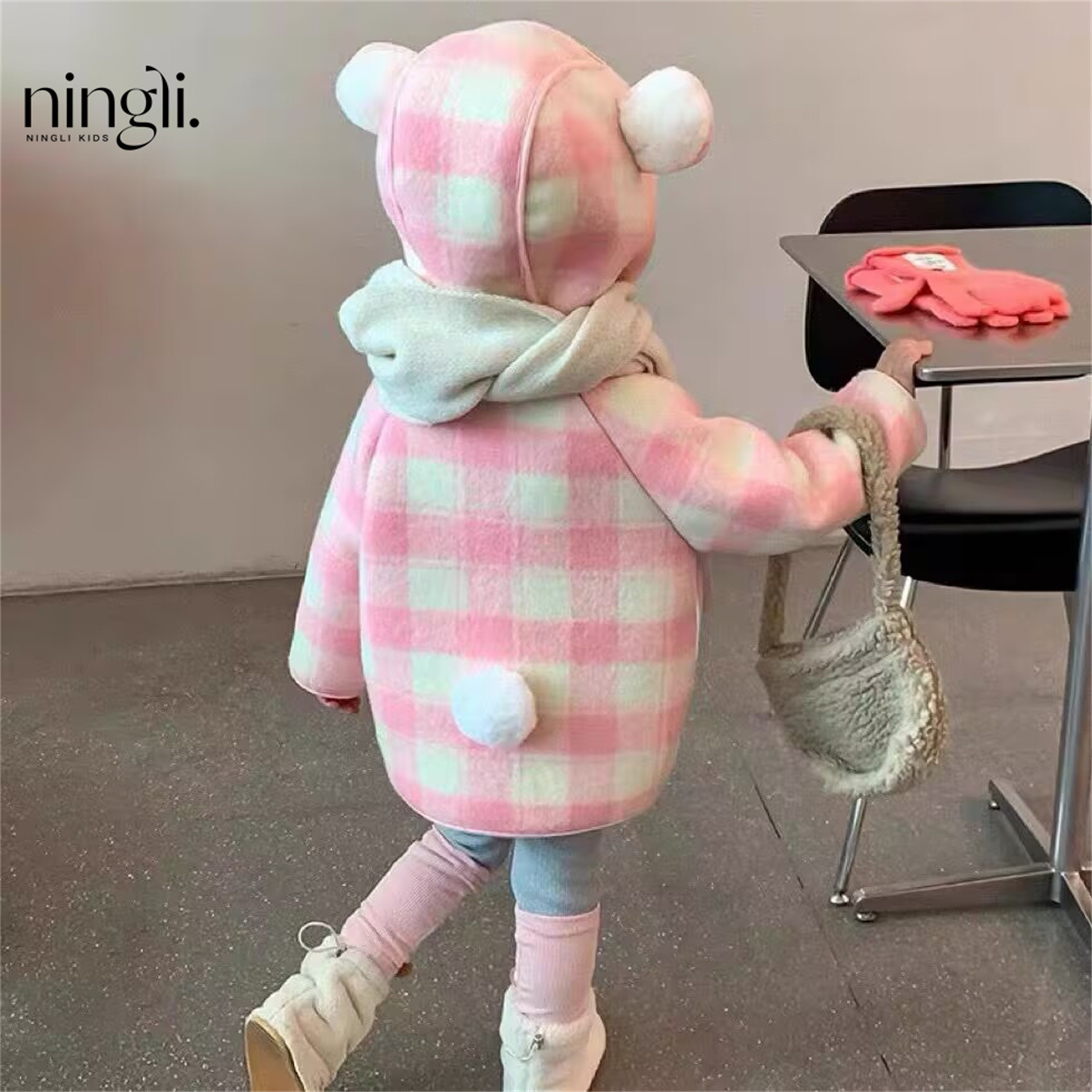 Girls' Wool Coat New Autumn and Winter Stylish Baby Girl Children's Mid-Length Plaid Woolen Coat Cross-Border