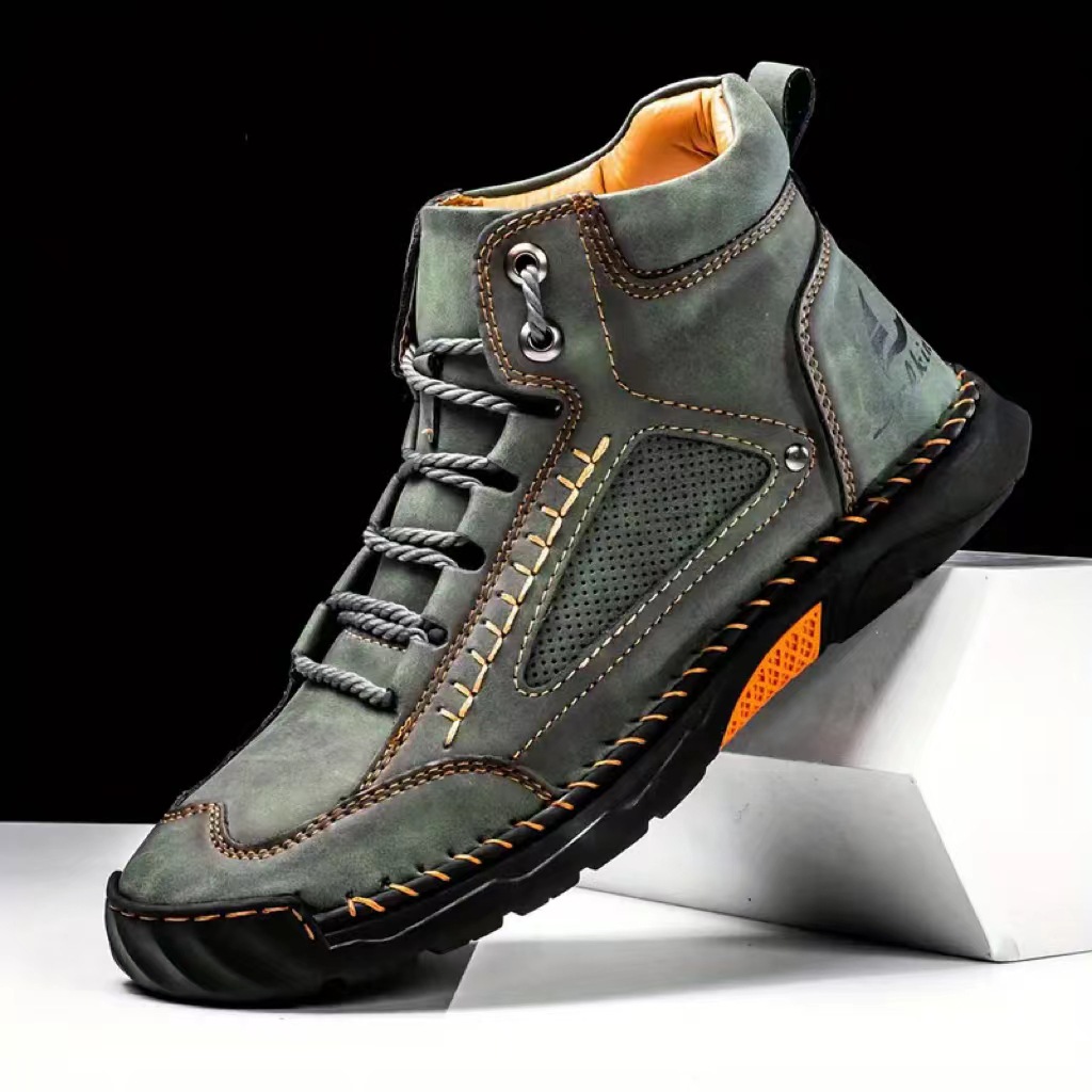 Cross Border plus size Men's PU Leather Boots Men's Fashion Handmade Stitch Ankle Boots Flat Lace-up Casual Shoes