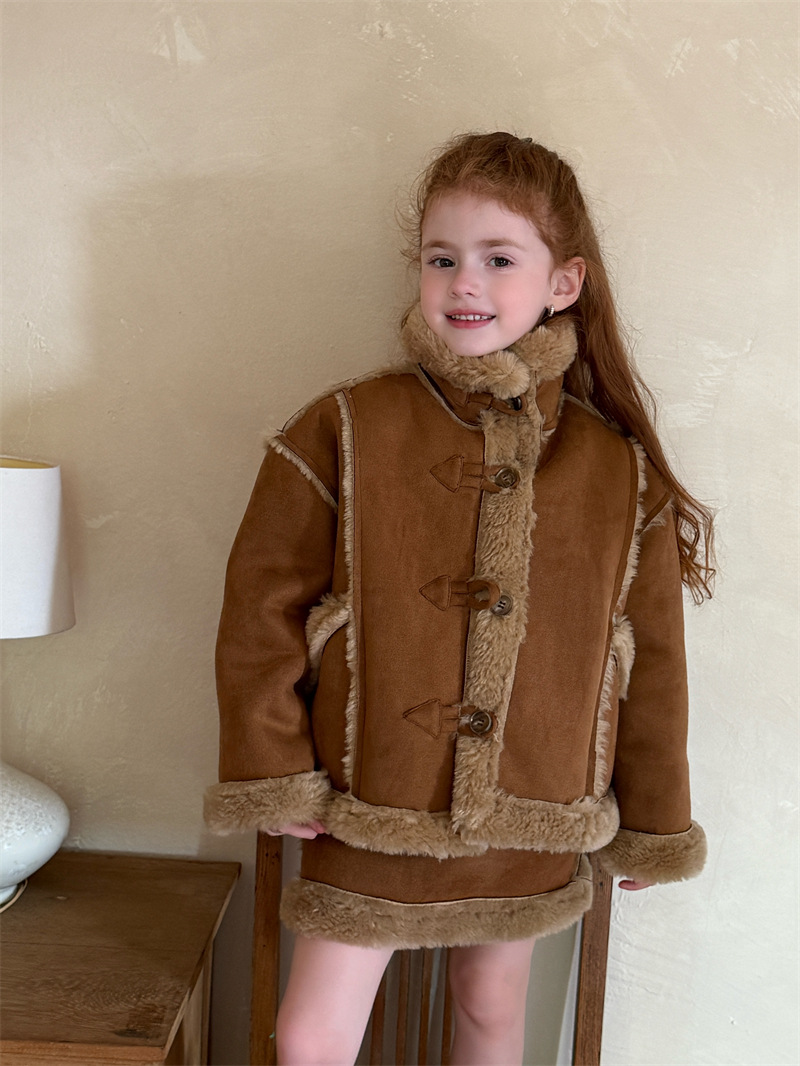 Chengle 25 Winter Girls' Suede Faux Fur Jacket Girls' Motorcycle Jacket Jacket Skirt Suit