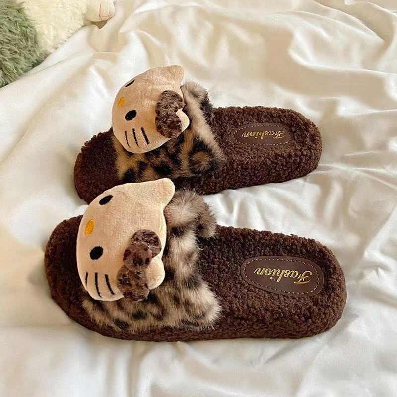 Leopard Print Kt Cat Fur Slippers for Women in Autumn and Winter New Style Going Out Niche Sexy Style High-Looking Lamb Wool Home Cotton Slippers