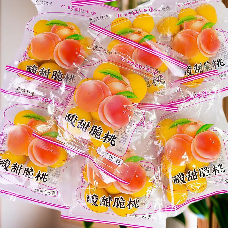 Rongnide Sweet and Sour Crispy Peach 95g Bagged Candied Cold Fruit Childhood Flavor Throat-Locking Peach Nostalgic Snack Whole Box Wholesale
