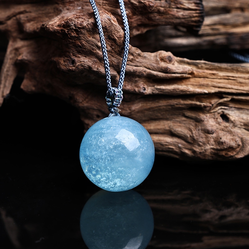 Jingyao Natural Brazilian Old Mine Aquamarine Pendant High Ice Grade Small Bulb Blue Crystal Ball Necklace Ox Nose Hole