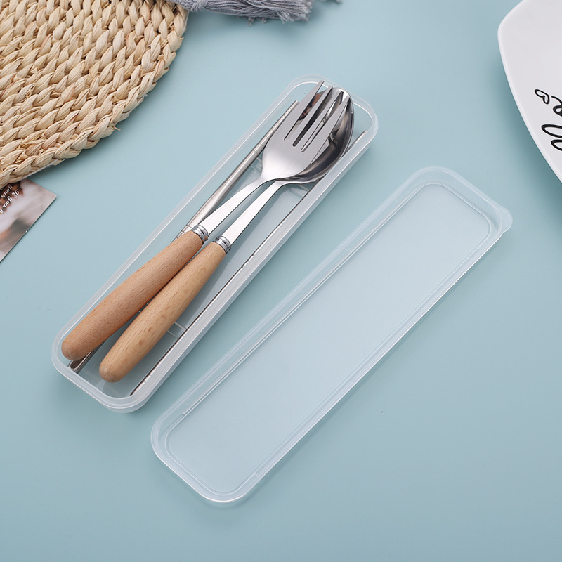 Beech Handle Tableware suit Stainless Steel Spoon Fork Chopsticks suit Student Outdoor Gift Tableware Box Three-piece Set Wholesale