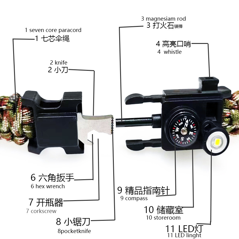Emergency umbrella rope bracelet outdoor survival camping multi-function bracelet compass LED distress signal light SOS bracelet