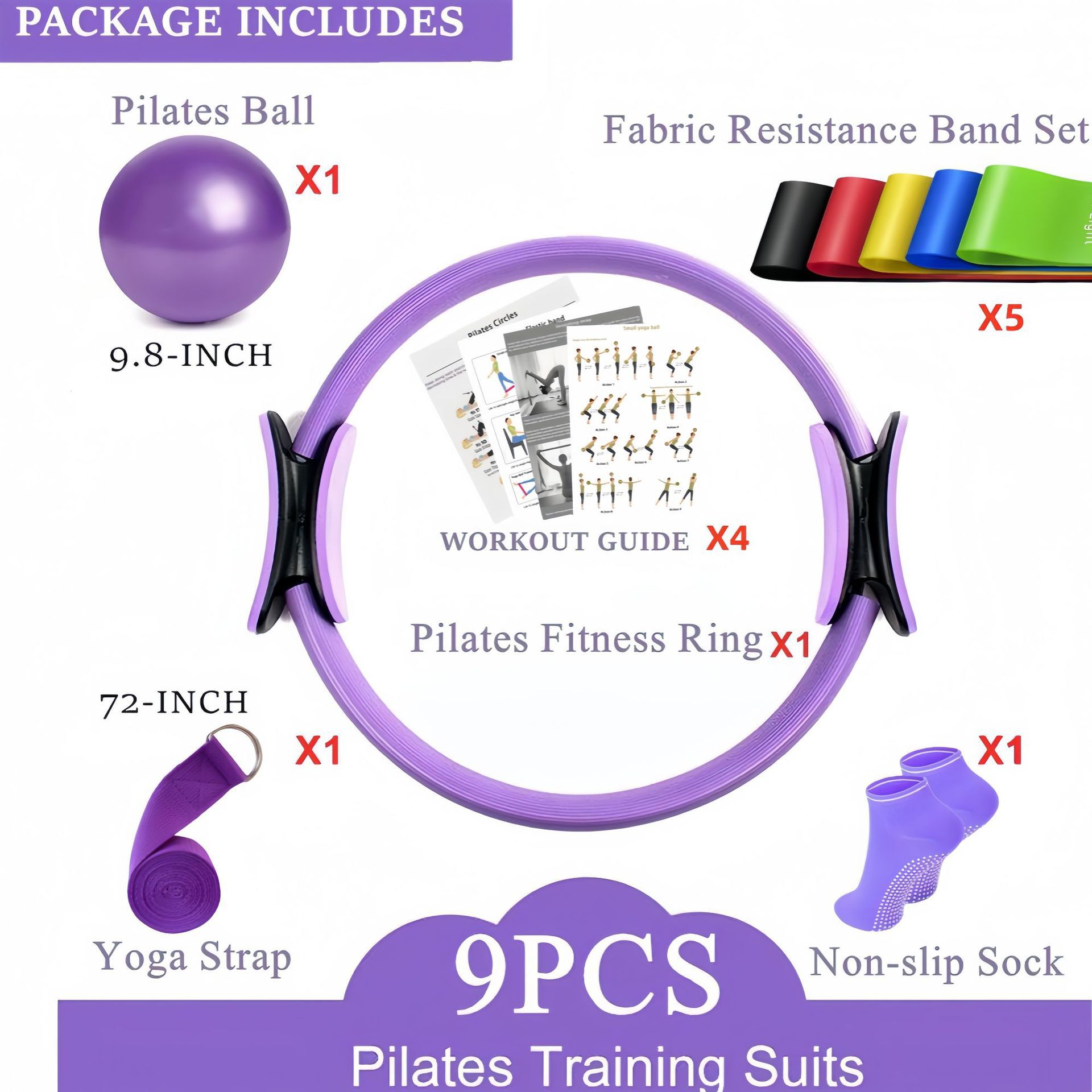 Cross-Border New Popular Pilates Ring and Ball 9-Piece Set, with 5 Resistance Bands for Home Exercise Yoga Ball