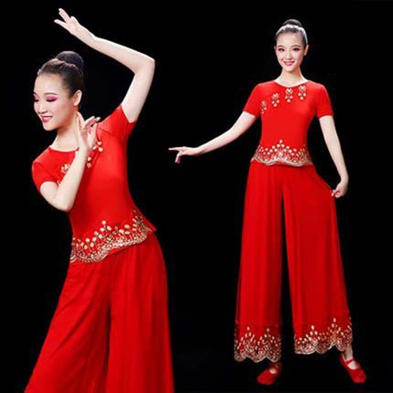 Elastic fabric red sequins classic yangko dance square dance middle-aged and elderly fitness sports competition clothing