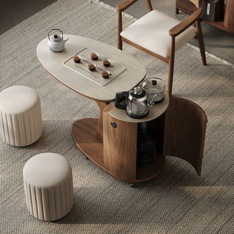 2025 New Balcony Home Slate Tea Table Light Luxury Small Apartment Removable Tea Table Solid Wood Walnut Tea Cart