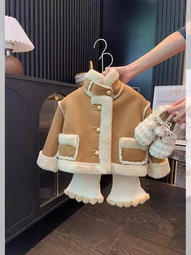 Girls' Fur-Lined Coat 2025 Autumn and Winter New Style Children's Fleece-Lined Thickened Winter Top for Toddlers and Young Children