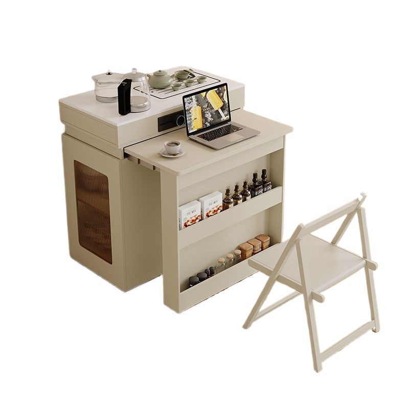 New Island Cream Dining Table Integrated Telescopic Folding Simple Small Household Solid Wood Multi-Functional Tea Dining Table