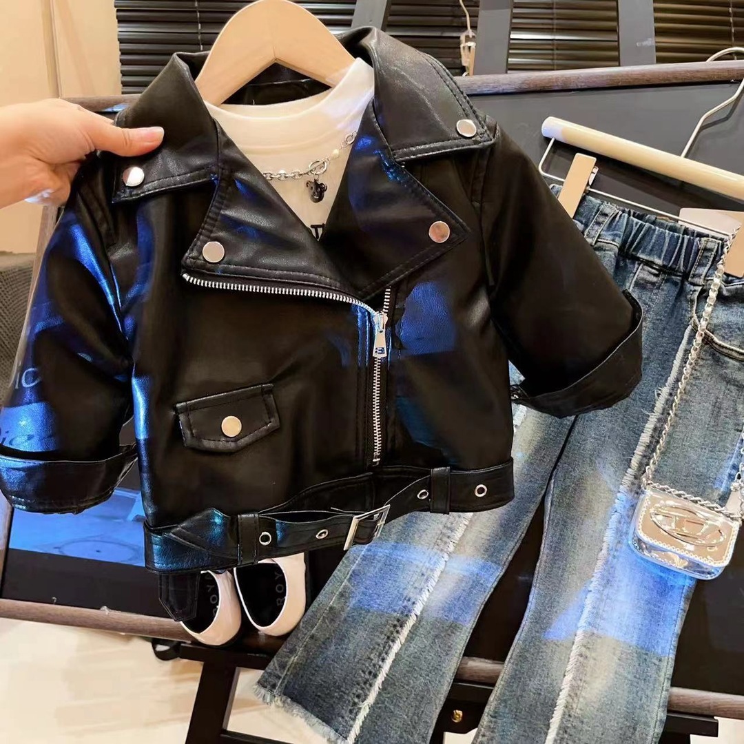 Детская кожаная куртка 2025 новый стиль модная уличная куртка для девочек мотоциклетная одежда импортная