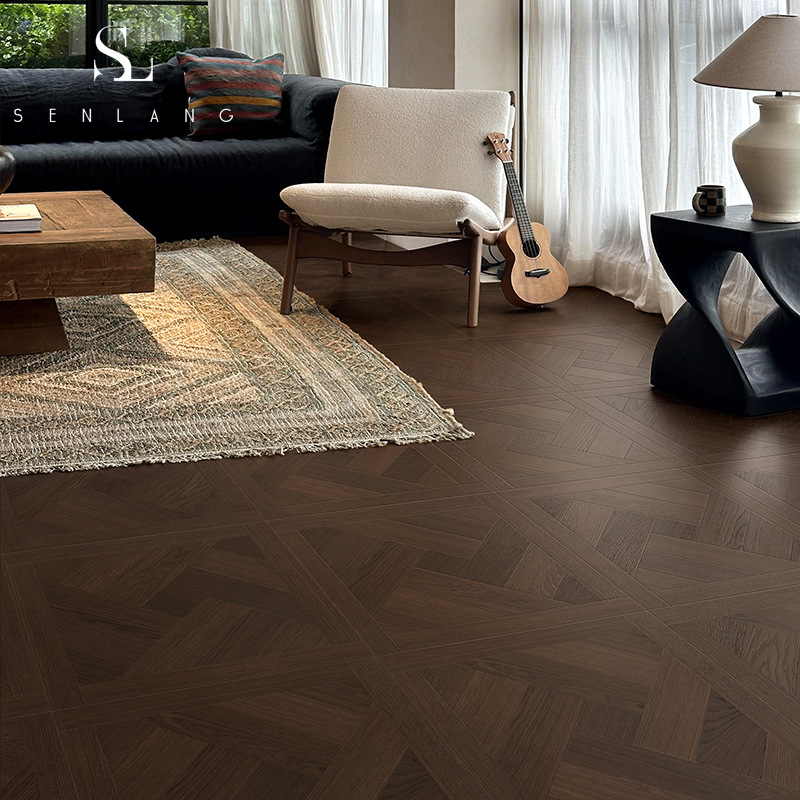 French-Style Herringbone Laminate Flooring for Home Use, Self-Installation, Black Walnut Color, Parquet Flooring for Guesthouses, Direct Sales from the Manufacturer